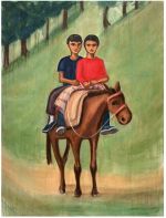 Matthew Krishanu, Two Boys on a Horse, 2024. Oil and acrylic on canvas. Courtesy the Artist. Photo: Peter Mallet.