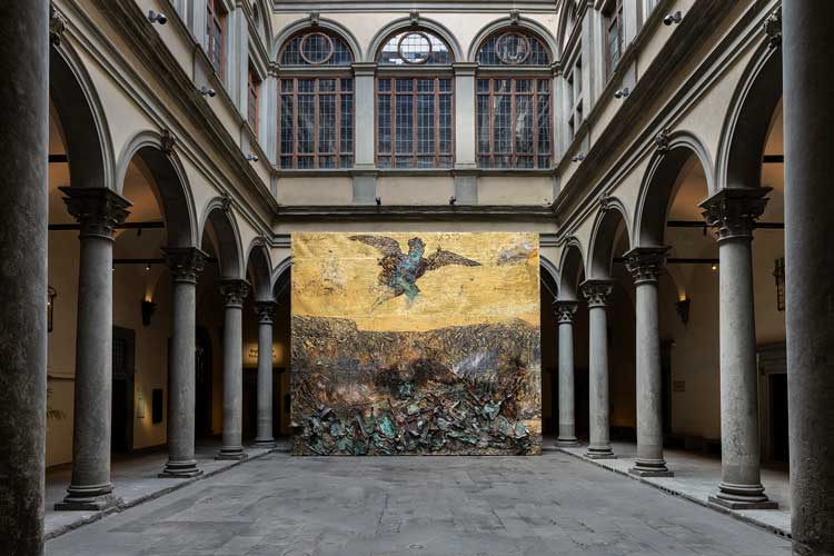 Anselm Kiefer, Engelssturz (Fall of the Angel), 2022–23. Emulsion, oil, acrylic, shellac, gold leaf, fabric, sediment of electrolysis and charcoal on canvas, 750 × 840 cm. Photo: © Ela Bialkowska, OKNO studio.