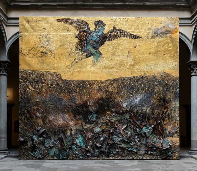Anselm Kiefer, Engelssturz (Fall of the Angel), 2022–23. Emulsion, oil, acrylic, shellac, gold leaf, fabric, sediment of electrolysis and charcoal on canvas, 750 × 840 cm. Photo: © Ela Bialkowska, OKNO studio.