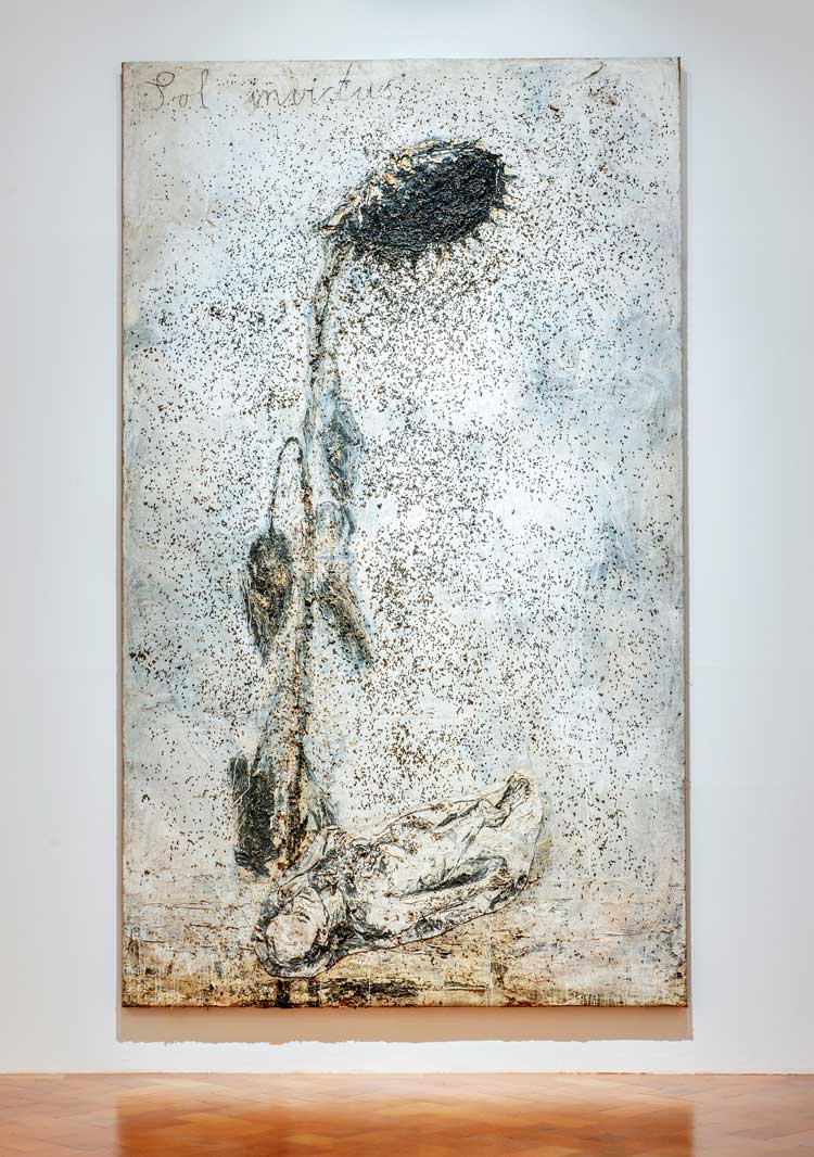 Anselm Kiefer, Sol Invictus (Unconquered Sun), 1995. Emulsion, acrylic, shellac and sunflower seeds on burlap, 473 × 280 cm. Photo: © Ela Bialkowska, OKNO studio.