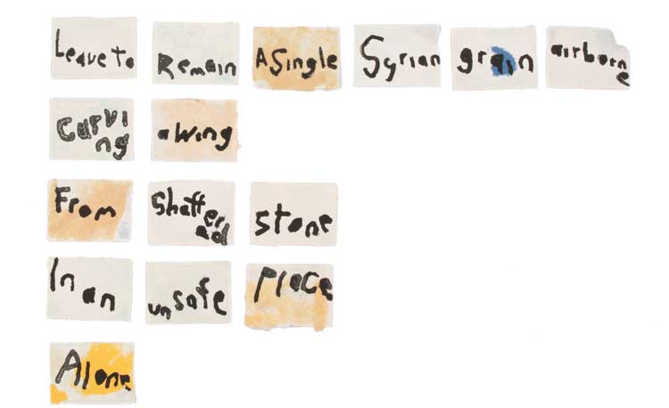Issam Kourbaj, Leave to Remain A Single Syrian grain, airborne, 2020. Written on the back of used stamps (single lines in English), 366 stamps, one per day/line. Photo: This Is Photography. Courtesy the artist.