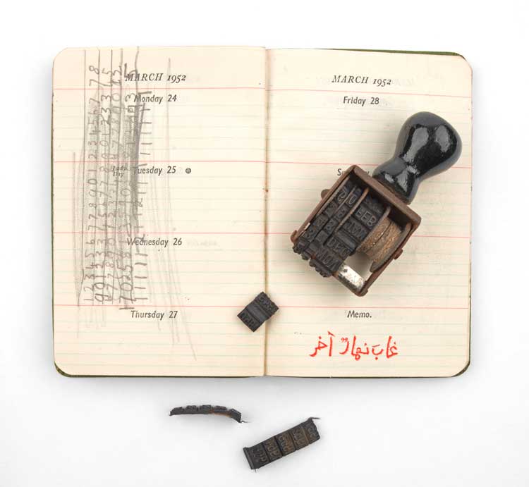 Issam Kourbaj, Another Day Lost, 2019. Old diary and broken date stamp. Photo: This Is Photography. Courtesy the artist.