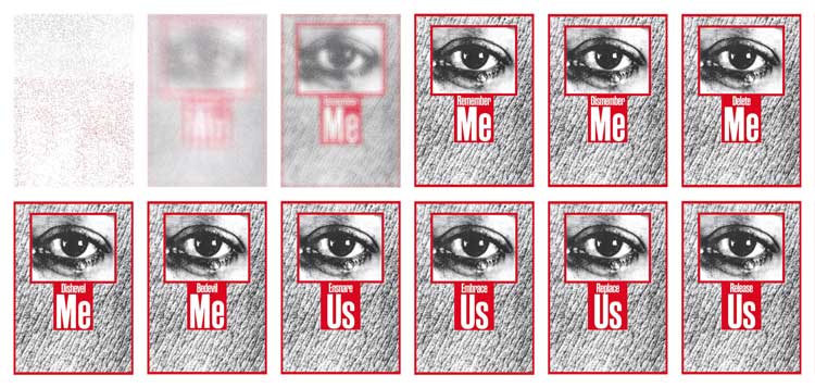 Barbara Kruger, Untitled (Remember me), 1988/2020 (stills). Single-channel video on LED panel, sound, 23 sec. 350.1 × 250.1 cm (137 7/8 × 98 1/2 in). Courtesy the artist and Sprüth Magers.