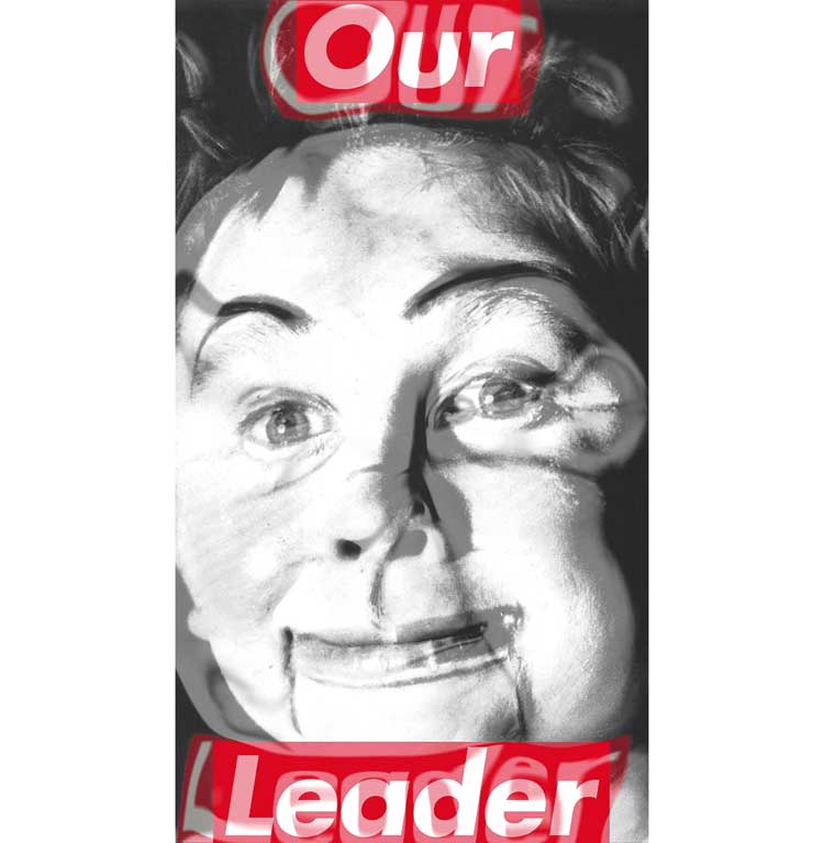 Barbara Kruger, Untitled (Our Leader), 1987/2020. Single-channel video on LED panel, sound, 24 sec, 350.1 × 200.1 cm (137 7/8 × 78 3/4 in). Courtesy the artist and Sprüth Magers.