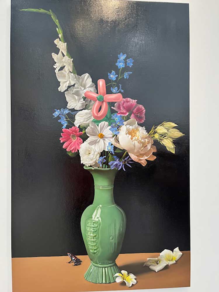 Kim Sung Yoon, Flowers in the Neo-Celladon Ball-Shaped Bottle, 2023. Oil on linen, 57.3 x 35.2 in (145.5 x 89.4 cm). Photo: Jill Spalding.