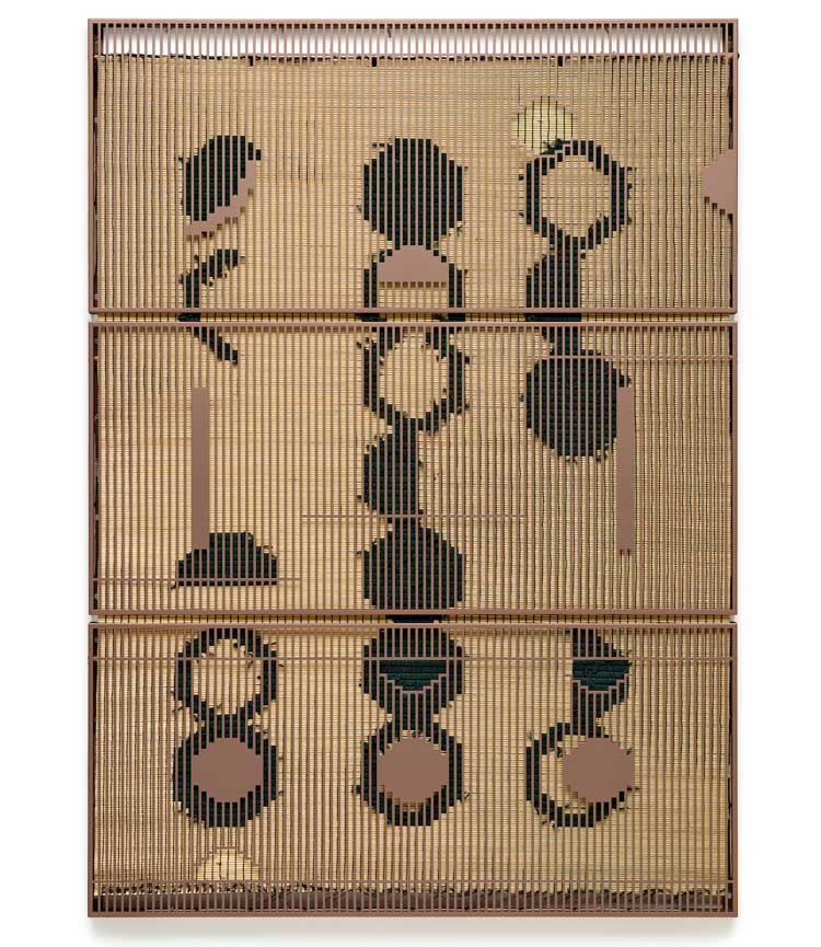 Suki Seokyeong Kang, Mat 120 × 165 #21-24, 2021. Painted steel, woven dyed Hwamunseok, thread, wood frame, brass bolts, leather scraps, 69 x 49.75 x 2 in (175 x 126 x 5 cm). Image courtesy Commonwealth and Council.