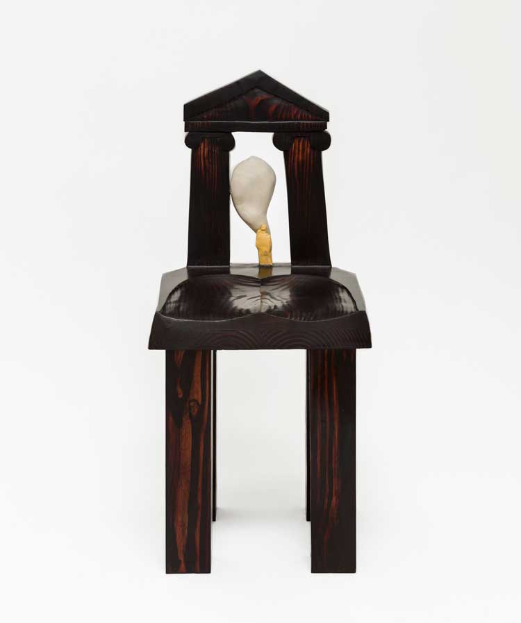 Minjae Kim, Ghost chair, 2023. Stained and lacquered Douglas Fir, acrylic paint, 32 x 145½ x 15½ in.