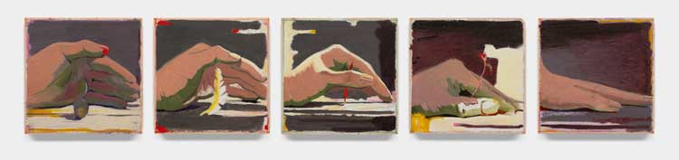 Youngmin Park, Closer, 2024, Oil on wood panel, 4 x 20 in (each panel is 4x4 in) Image courtesy the artist and Make Room, Los Angeles. Photo: Daniel Greer.