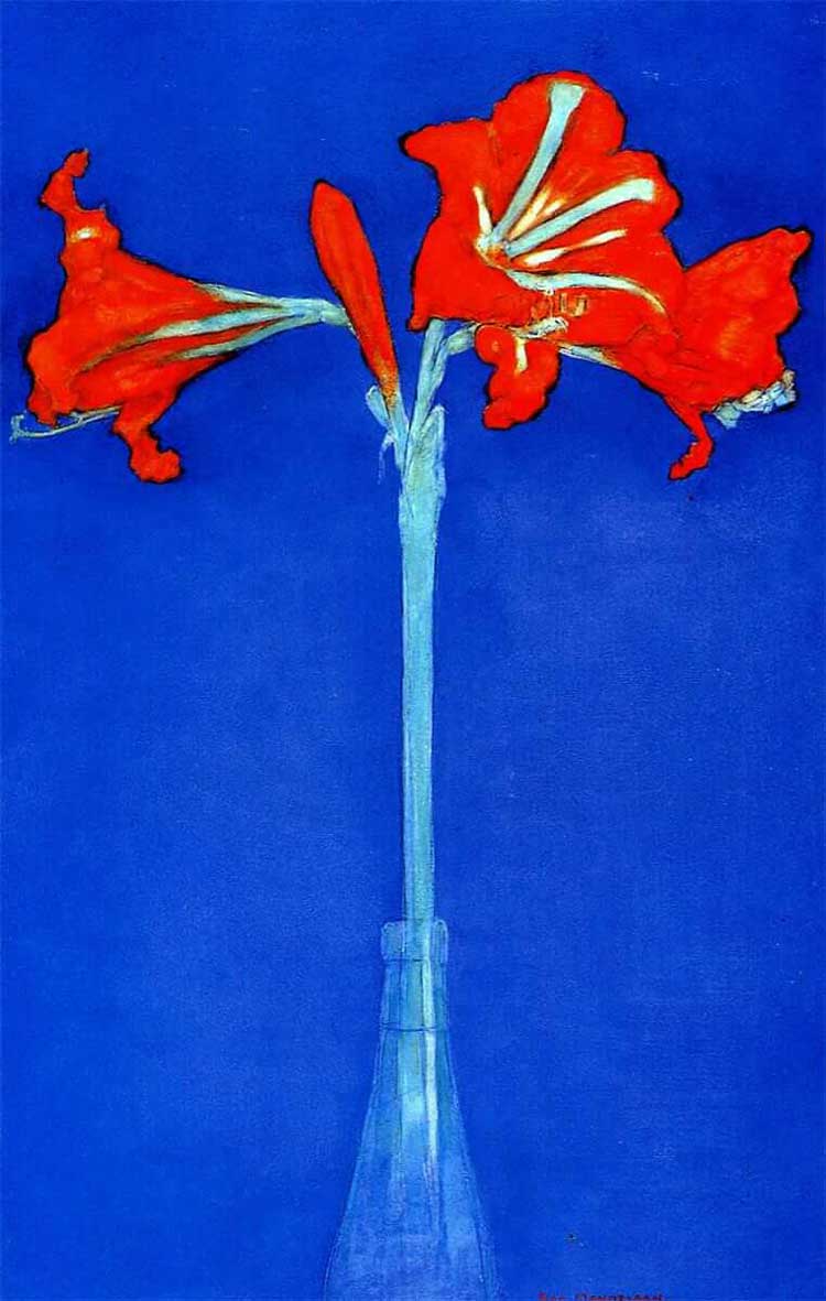 Piet Mondrian, Red Amaryllis with Blue Background, 1909–10. Watercolour on paper, 46.5 x 33 cm. Private Collection.