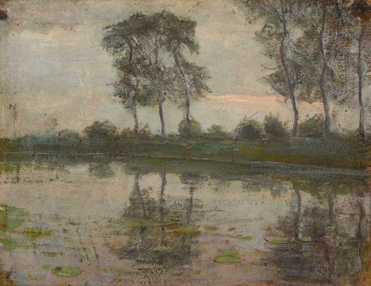 Piet Mondrian, The Gein: Trees along the water, c1905. Oil on canvas on panel, 25 x 32 cm. Kunstmuseum Den Haag.