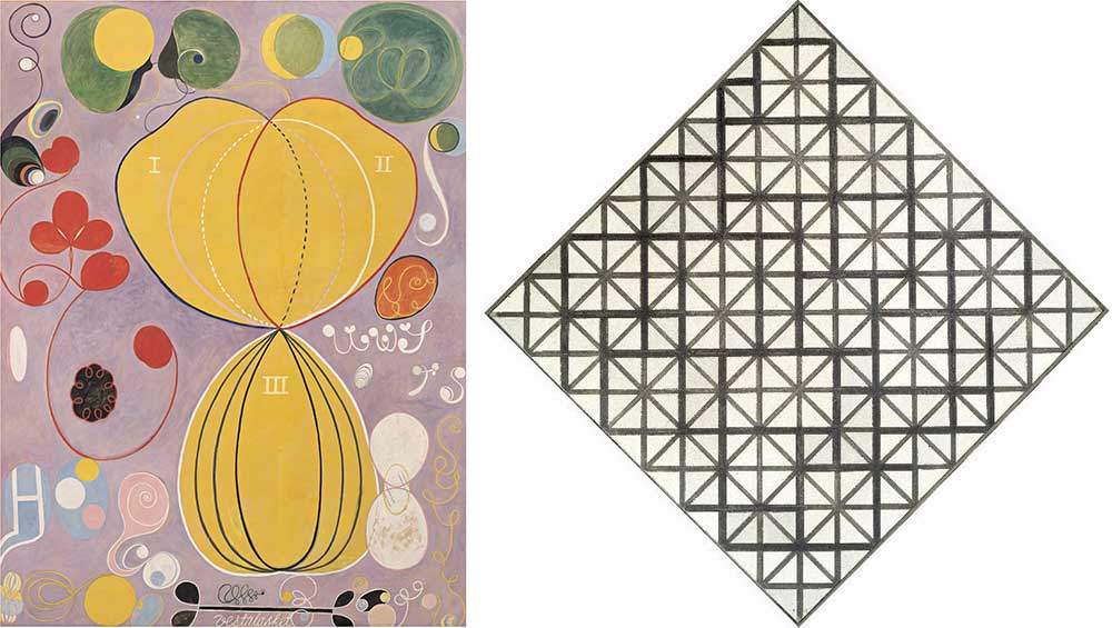 Left: Hilma af Klint, The Ten Largest, Group IV, No. 7, Adulthood, 1907. Courtesy of The Hilma af Klint Foundation. Right: Piet Mondrian, Composition with Grid 3 Lozenge Composition with grey Lines, 1918. Kunstmuseum Den Haag.