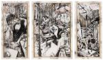 William Kentridge, The Conservationists' Ball, 1985. Charcoal, coloured pastel and gouache on paper (triptych), 198.5 x 97.5 cm (left), 198.5 x 138.5 cm (centre), 198.5 x 97.5 cm (right). Rembrandt van Rijn Art Foundation collection. Rupert Museum, Stellenbosch, South Africa © William Kentridge.