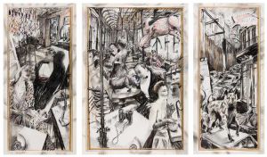 William Kentridge, The Conservationists' Ball, 1985. Charcoal, coloured pastel and gouache on paper (triptych), 198.5 x 97.5 cm (left), 198.5 x 138.5 cm (centre), 198.5 x 97.5 cm (right). Rembrandt van Rijn Art Foundation collection. Rupert Museum, Stellenbosch, South Africa © William Kentridge.