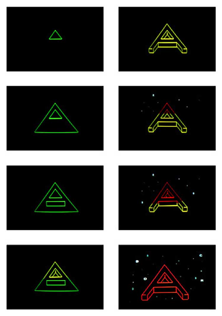 Frames from Eduardo Kac, Reabracadabra, 1985. Minitel artwork, 9.64 x 9.8 x 9.64 in (24.5 x 25 x 24.5 cm). Read first the left column from top to bottom; then, the second column from top to bottom.