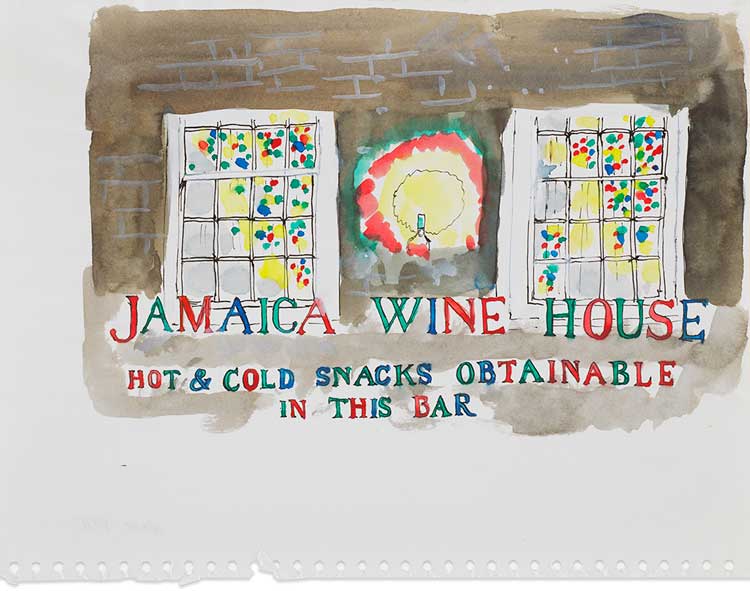 Karen Kilimnik, Jamaica Wine House Old London Shops, 1976. Ink and watercolour on paper, 21.5 × 28 cm (8 1/2 × 11 in). © Karen Kilimnik. Courtesy the artist, Sprüth Magers and Galerie Eva Presenhuber.