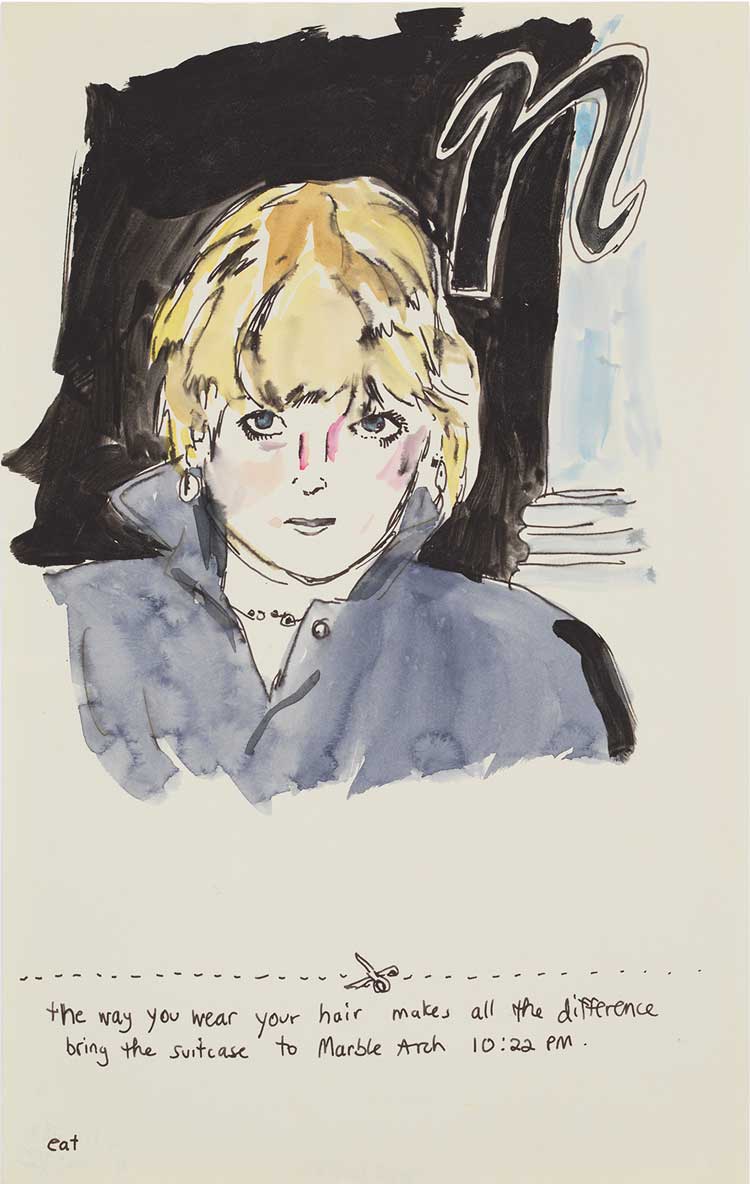 Karen Kilimnik, secret agent assignment, 1982. Ink and watercolour on paper, 30.5 × 19 cm  (12 × 7 1/2 in). © Karen Kilimnik. Courtesy the artist, Sprüth Magers and Galerie Eva Presenhuber.