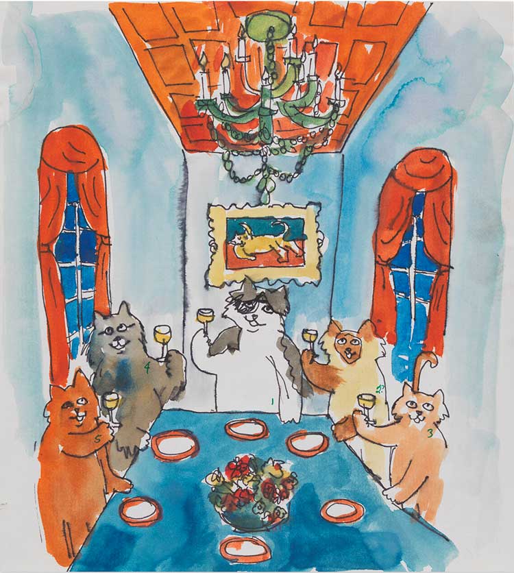 Karen Kilimnik, A toast! greeting card company, 1980. Ink and watercolour on glossy paper, 22 × 20.5 cm (8 3/4 × 8 in). © Karen Kilimnik. Courtesy the artist, Sprüth Magers and Galerie Eva Presenhuber.