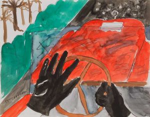 Karen Kilimnik, car rally Avengers £50,000 breakfast, vrrooomm!, 1979. Ink and watercolour on paper, 28 × 35.5 cm (11 × 14 in). © Karen Kilimnik. Courtesy the artist, Sprüth Magers and Galerie Eva Presenhuber.