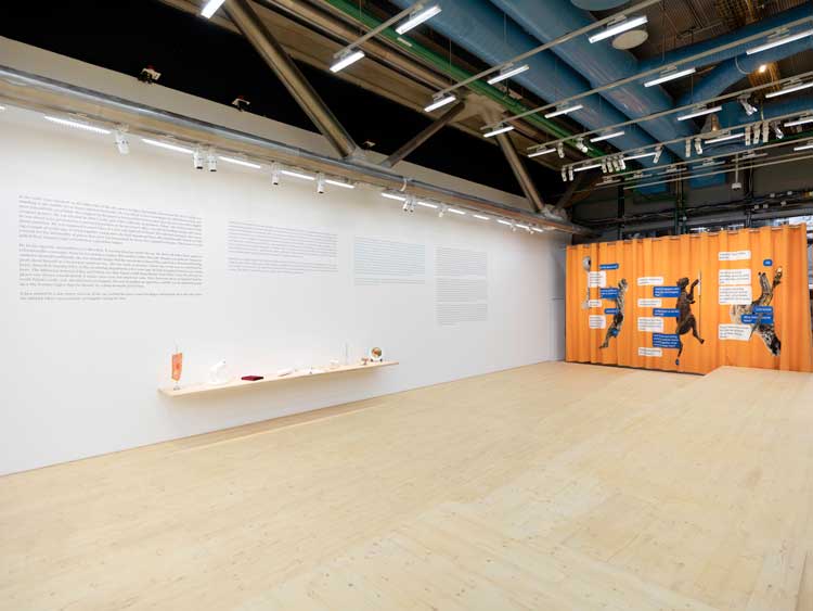Exhibition view of Hassan Khan: Blind Ambition. Left to right: The Agreement, 2011, five stories and ten objects, 285 x 1600 cm approx; 2013 Curtain Remix, 2021, printed fabric, 350 x 840 cm. Photo: © Centre Pompidou – hélène Mauri.