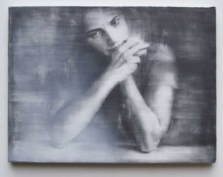 Katya Kvasova. Irishka, 2021. Graphite and gesso on canvas, 30 x 40 cm. © the artist.