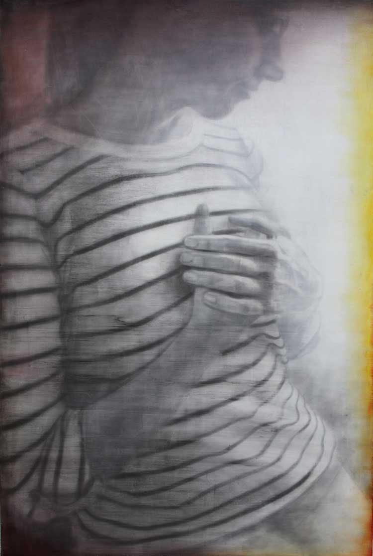 Katya Kvasova. Stripy Shirt, 2021. Graphite and acrylic on canvas, 120 x 80 cm. © the artist.