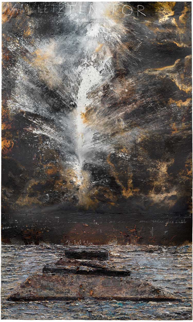 Anselm Kiefer. Am Letzten Tor (At the Final Gate), 2020-21. Emulsion, acrylic, oil, shellac and chalk on canvas, 840 x 470 cm. Copyright: © Anselm Kiefer. Photo: Georges Poncet.