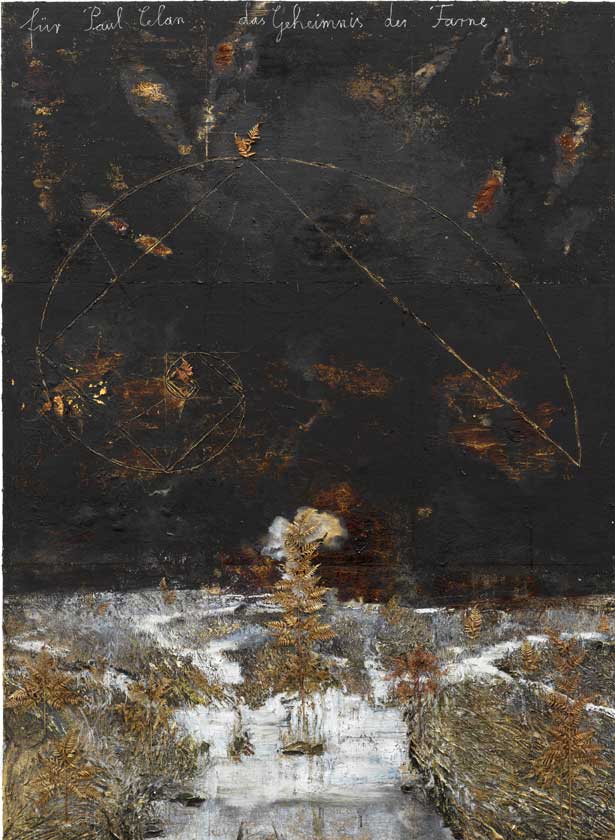 Anselm Kiefer. Für Paul Celan - das Geheimnis der Farne (For Paul Celan – Secret of the Ferns), 2021. Emulsion, acrylic, oil, shellac, metal, resin and chalk on canvas, 840 x 570 cm. Copyright: © Anselm Kiefer. Photo: Georges Poncet.