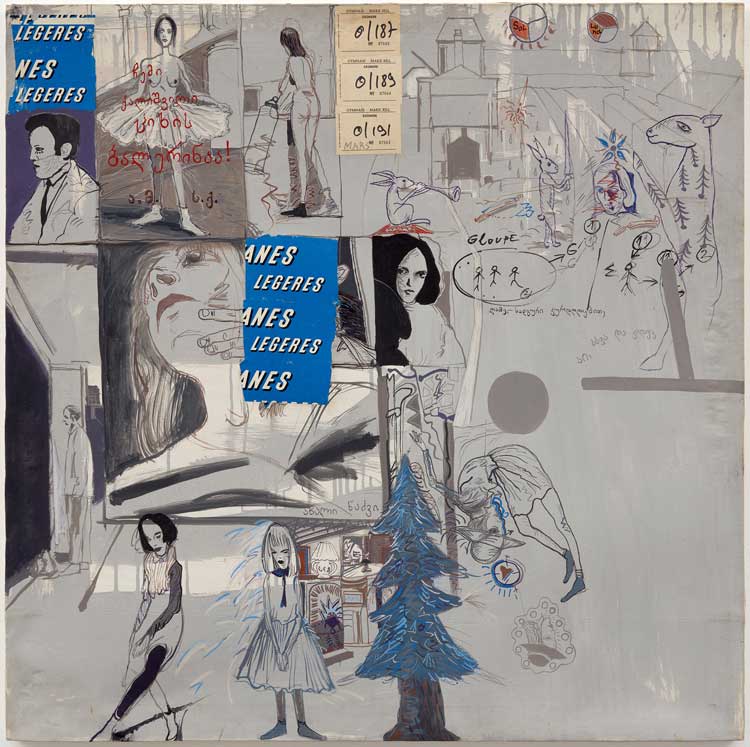 Karlo Kacharava, The Daughter is a Prison Balleria, 1992. Collage and acrylic paint on canvas, 100 x 100 cm. © The Estate of Karlo Kacharava. Courtesy: The Estate of Karlo Kacharava, Tbilisi, Georgia and Modern Art, London. Photo: Robert Glowacki.