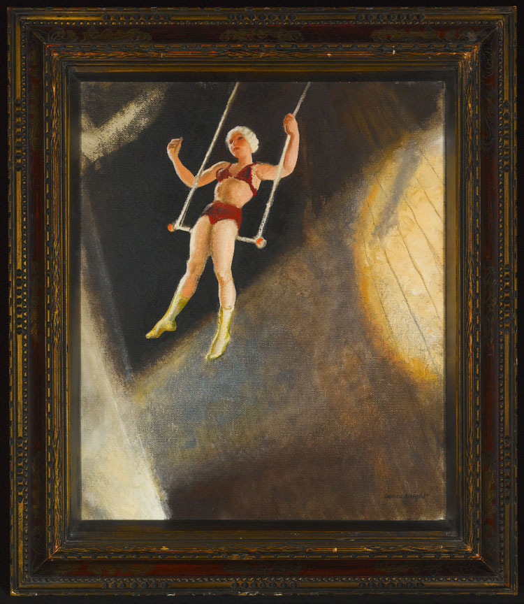 Laura Knight, Ella Ardelty on the high trapeze, Undated. Oil on canvas. Private Collection. Photo courtesy Sotheby's © Reproduced with permission of The Estate of Dame Laura Knight DBE RA 2021. All Rights Reserved.