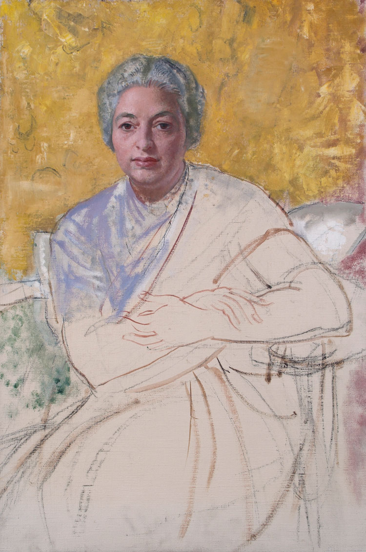 Laura Knight, Unfinished Portrait of Vijayalakshmi Pandit, unfinished at 1970. Oil on canvas, on loan from and photo courtesy Royal Academy of Arts, London. © Reproduced with permission of The Estate of Dame Laura Knight 
DBE RA 2021. All Rights Reserved.