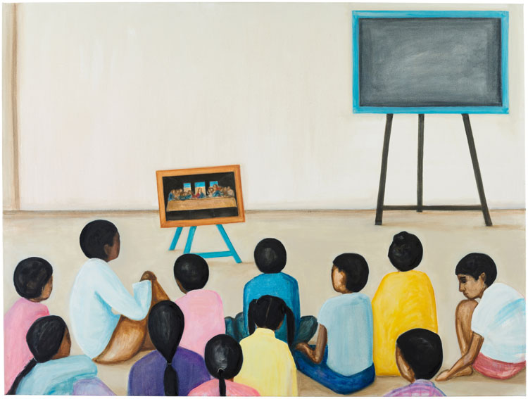 Matthew Krishanu. Mission School, 2017. Oil on canvas, 150 x 200 cm. Photo: Peter Mallet.