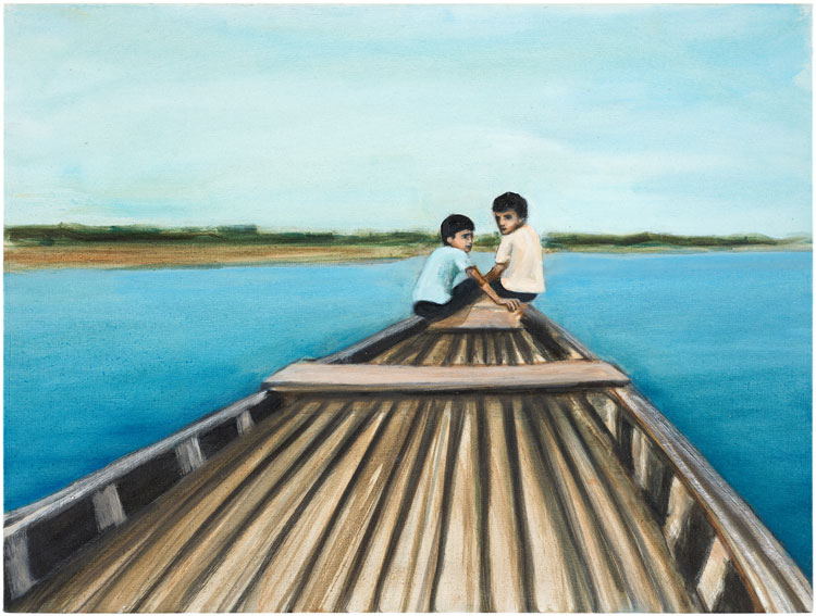 Matthew Krishanu. Two Boys on a Boat, 2019. Oil on board, 46 x 61 cm. Collection of Huddersfield Art Gallery. Photo: Peter Mallet.