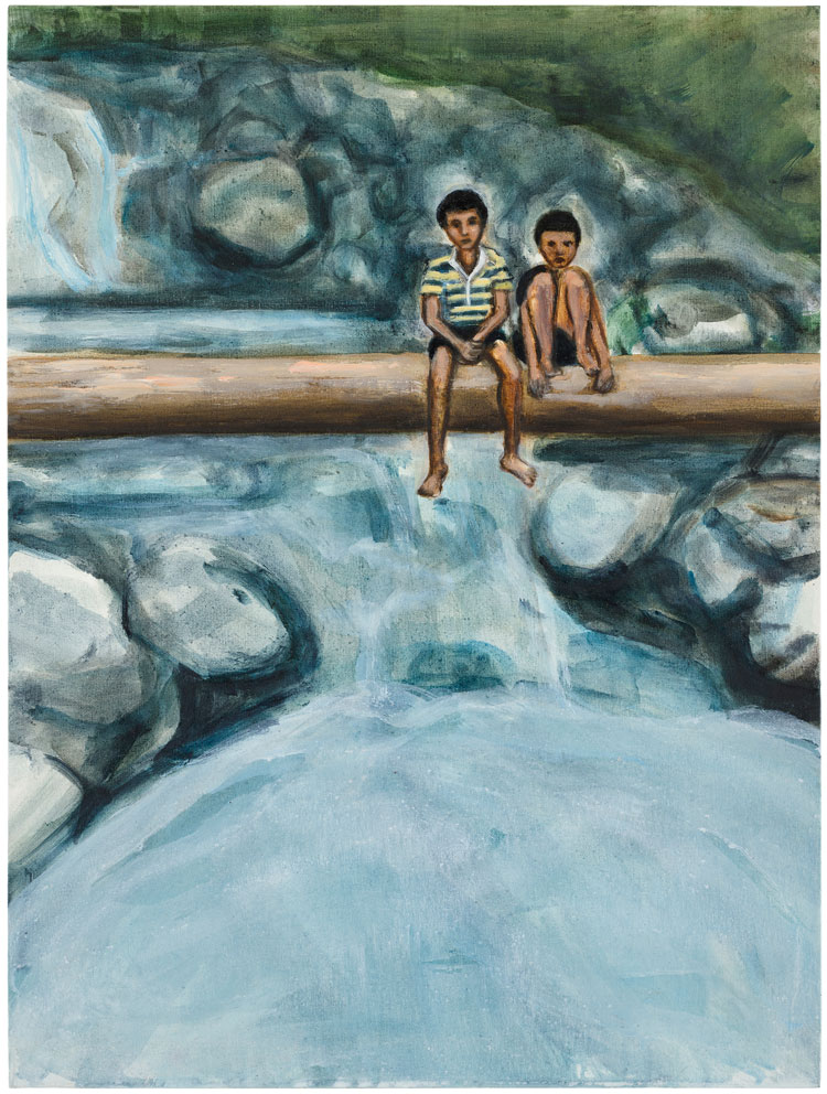 Matthew Krishanu. Two Boys on a Log, 2019. Oil on board, 61 x 46 cm. Collection of Huddersfield Art Gallery. Photo: Peter Mallet.