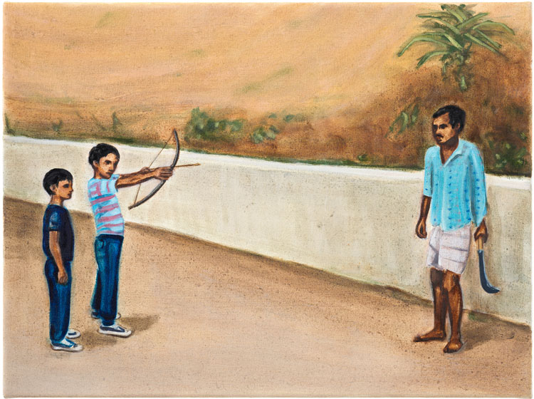 Matthew Krishanu. Weapons, 2021. Oil on canvas, 45 x 60 cm. Courtesy of the artist and Jhaveri Contemporary. Photo: Peter Mallet.