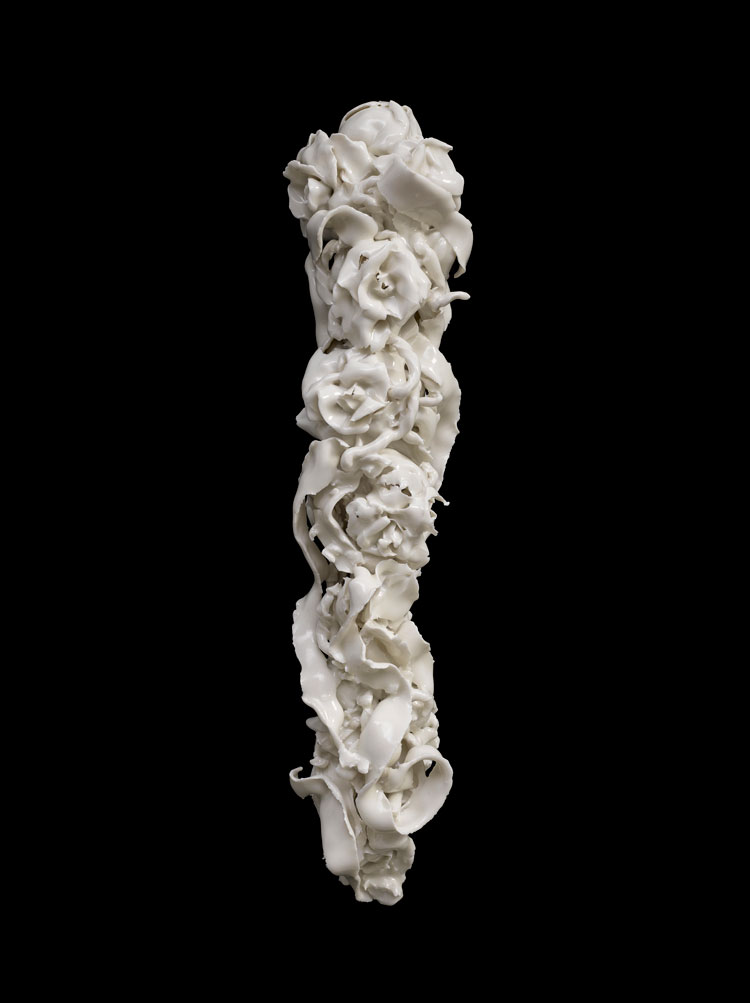 Rachel Kneebone. Whorl I, 2020. Porcelain, 22 1/16 x 5 1/2 x 4 5/16 in (56 x 14 x 11 cm). © Rachel Kneebone. Photo © White Cube (Theo Christelis).