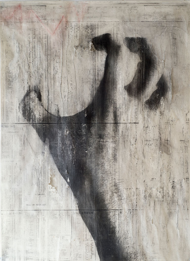 Peter Kennard, Untitled 2 (2020), 2020. Acrylic, charcoal, graphite, carbon toner, pastel on paper, 94.5 x 70 cm. © Peter Kennard. Courtesy the artist and Richard Saltoun Gallery.