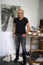 Portrait of Peter Kennard in his studio with Untitled 6 (2020), 2020. Photo: Jenny Matthews. Courtesy the artist and Richard Saltoun Gallery.