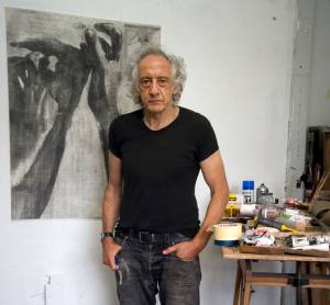 Portrait of Peter Kennard in his studio with Untitled 6 (2020), 2020. Photo: Jenny Matthews. Courtesy the artist and Richard Saltoun Gallery.