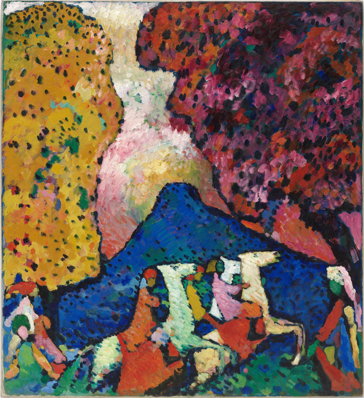 Vasily Kandinsky. Blue Mountain (Der blaue Berg), 1908–09. Oil on canvas, 107.3 × 97.6 cm. Solomon R. Guggenheim Museum, New York, Solomon R. Guggenheim Founding Collection, By gift 41.505. © Vasily Kandinsky, VEGAP, Bilbao, 2020.
