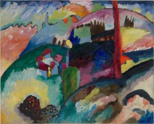 Vasily Kandinsky. Landscape with Factory Chimney (Landschaft mit Fabrikschornstein), 1910. Oil on canvas, 66 × 81.9 cm. Solomon R. Guggenheim Museum, New York, Solomon R. Guggenheim Founding Collection, By gift 41.504. © Vasily Kandinsky, VEGAP, Bilbao, 2020.