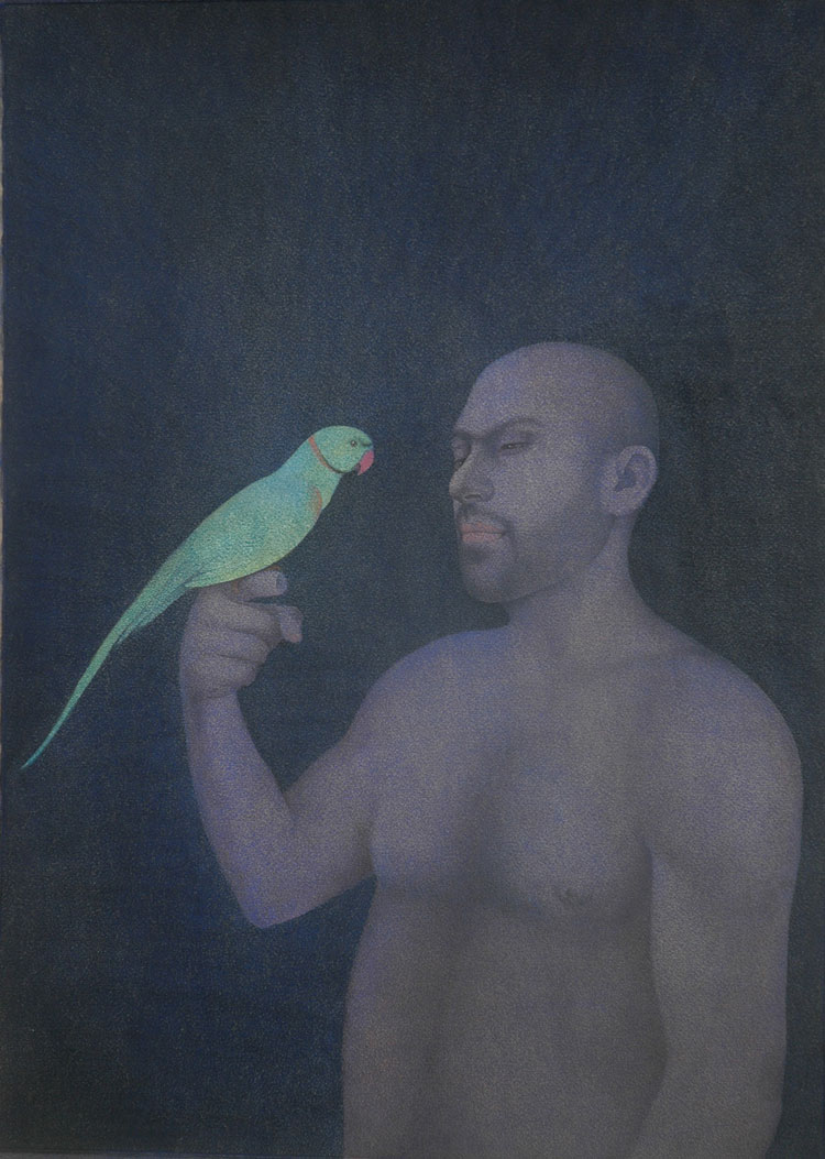 Ali Kazim. Mian Mithu, (Many with parrot), 2006. Watercolour pigments on wasli paper, 75 x 50 cm. Collection Metropolitan Museum NYC, image © Ali Kazim studio.