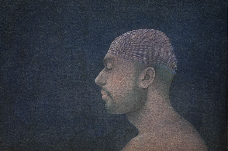 Ali Kazim. Topi Walah II (Man with Prayer Cap), 2006. Pigments and pressure printing on wasli paper, 50 x 75 cm. Collection V&A, London. image © Ali Kazim studio.