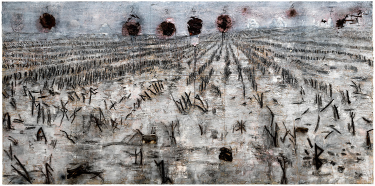 Anselm Kiefer, Die Sieben Siegel, die geheime Offenbarung des Johannes, 2019. Oil, emulsion, acrylic, shellac, wood and burnt books on canvas, 470 x 950 cm (185 1/16 x 374 in). © Anselm Kiefer. Photo © Georges Poncet, Courtesy White Cube.