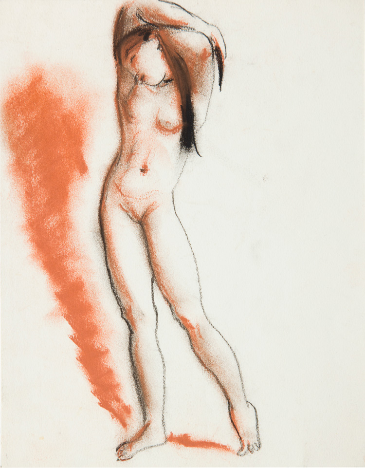 Dame Laura Knight. Standing nude with her arms behind her head,
mid 1950s. Drawing. © Reproduced with permission of The Estate of Dame Laura Knight DBE RA 2019. All Rights Reserved. Photo: Royal Academy of Arts, London.