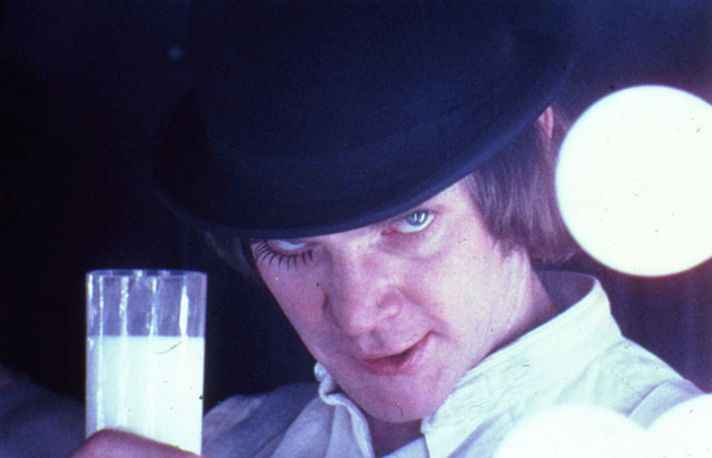 A Clockwork Orange, directed by Stanley Kubrick (1970-71; GB/United States). Alex DeLarge (Malcolm McDowell) in the Korova Milkbar. © Warner Bros. Entertainment Inc.