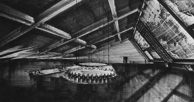 Dr. Strangelove or: How I Learned to Stop Worrying and Love the Bomb, directed by Stanley Kubrick (1963-64; GB/United States). Final draft by production designer Ken Adam for the War Room. © Sir Kenneth Adam