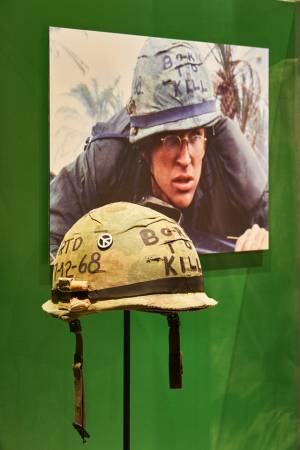 Born to Kill helmet, original prop from the film Full Metal Jacket. Photo: Ed Reeve, courtesy of the Design Museum.