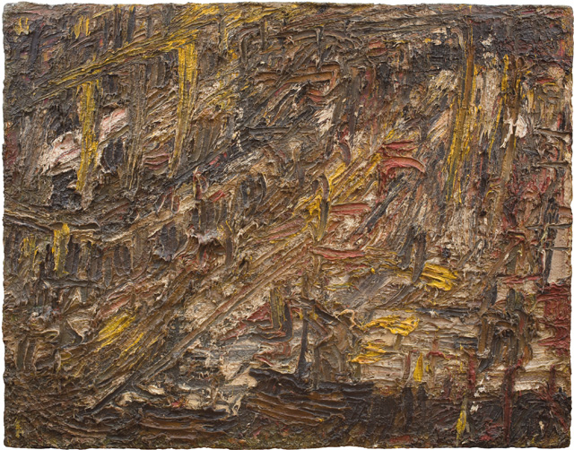 Leon Kossoff, City Building Site, 1961. Oil on board, 123.8 × 159.4 cm. Private collection, Europe. Copyright Leon Kossoff. Image courtesy Piano Nobile, London.