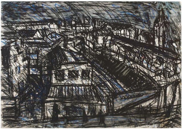 Leon Kossoff, Dalston Lane, No. 1, 1974. Charcoal and pastel on paper, 65.2 × 88.3 cm. Private collection, Europe. Copyright Leon Kossoff. Image courtesy Piano Nobile, London.