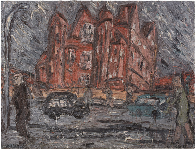 Leon Kossoff, School Building, Willesden, Winter, 1981. Oil on board, 137.5 × 175.3 cm. Private collection, Europe. Copyright Leon Kossoff. Image courtesy Piano Nobile, London.